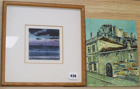 L. Kohl, oil on board, Street scene, 26 x 20cm and a small watercolour by Justin Cooke, 11 x 11cm